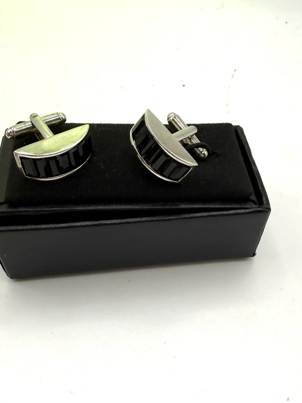 Tateossian Silver Cufflinks with Black Swavorski CrystalInset Semi-Curve Design
